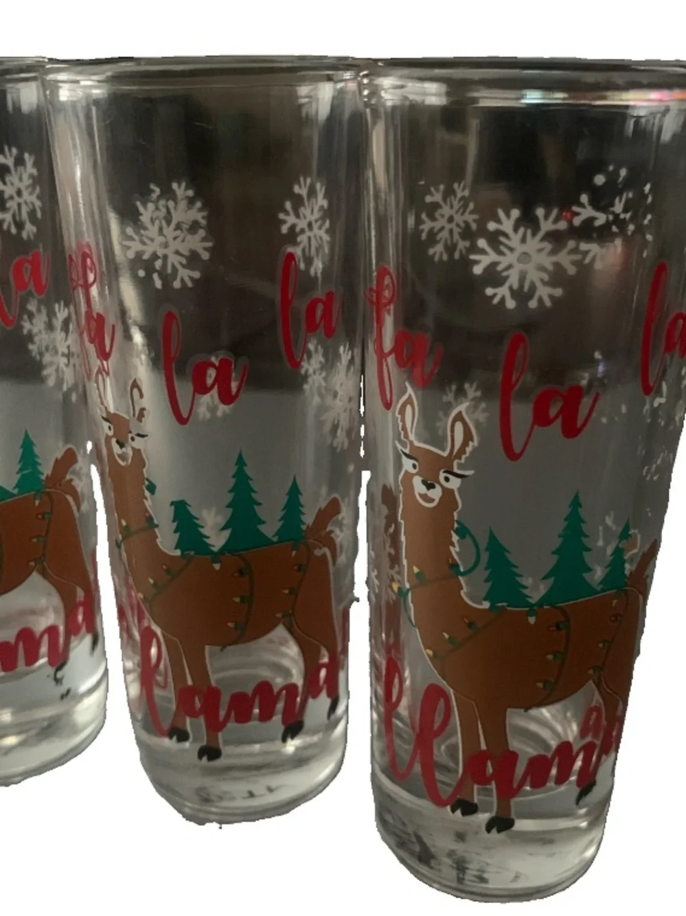 Pre Owned Vintage Fa La La llama Set Lot of 4 Shot Glass Shotglass MCM Holiday